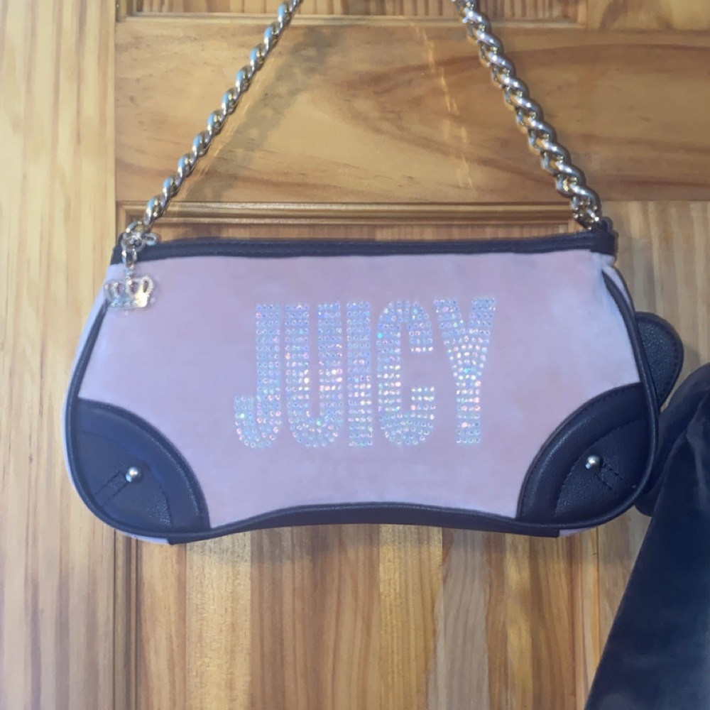 Juicy Couture Pink and Brown Rhinestone Logo Shoulder Bag with Gold Chain